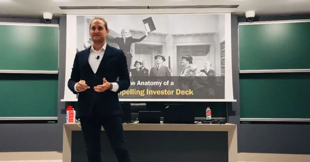 A photo of Alper Rozanes teaching at IESE Business School in Barcelona, Spain.